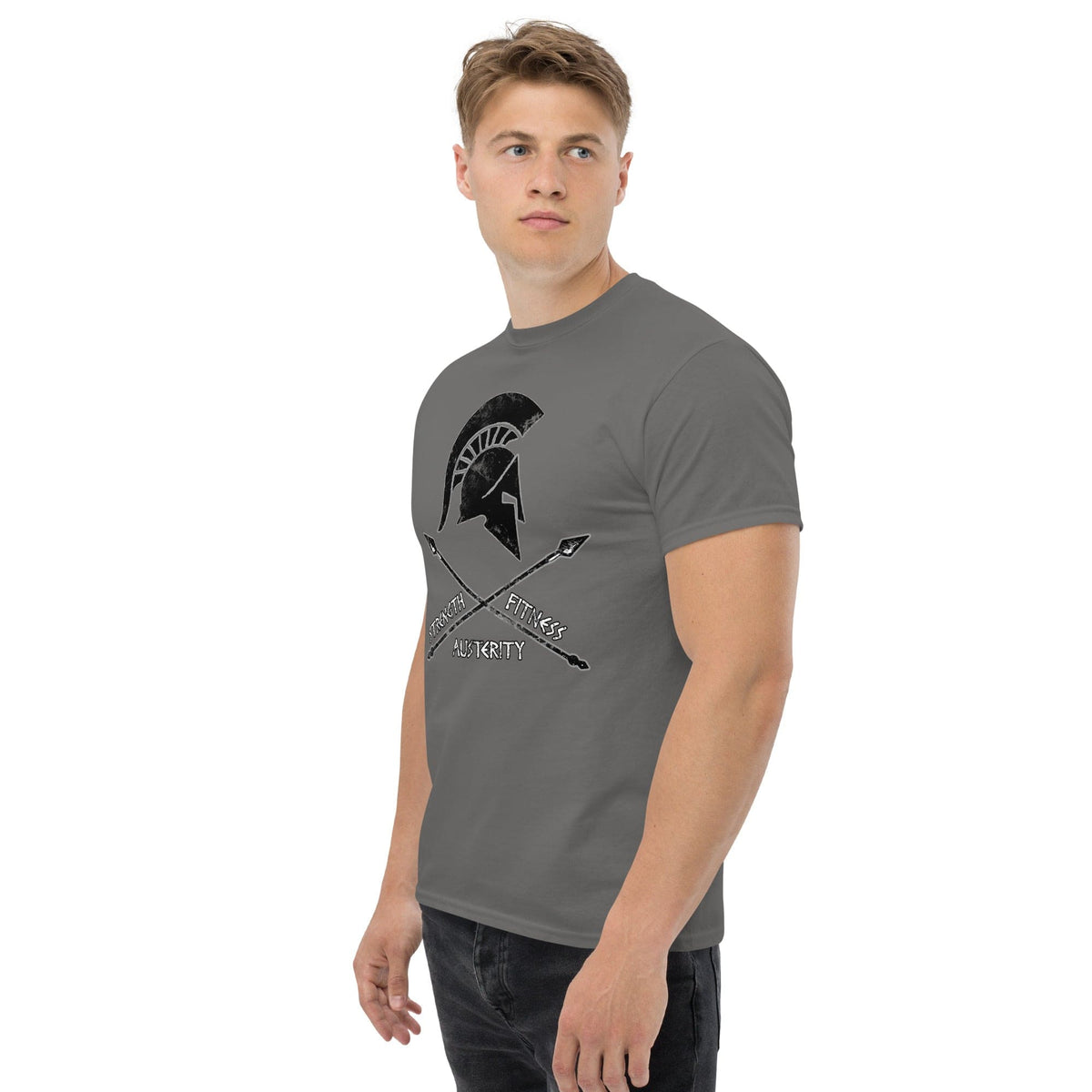 Charcoal gray T-shirt with warrior helmet graphic and crossed swords on the chest