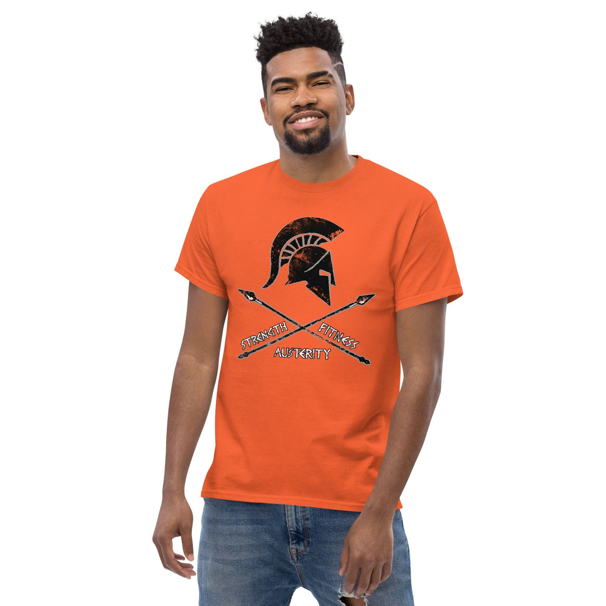 Orange T-shirt with warrior helmet graphic and crossed swords on the chest