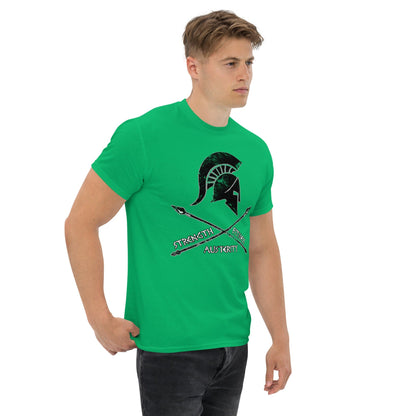 Green T-shirt with warrior helmet graphic and crossed swords on the chest
