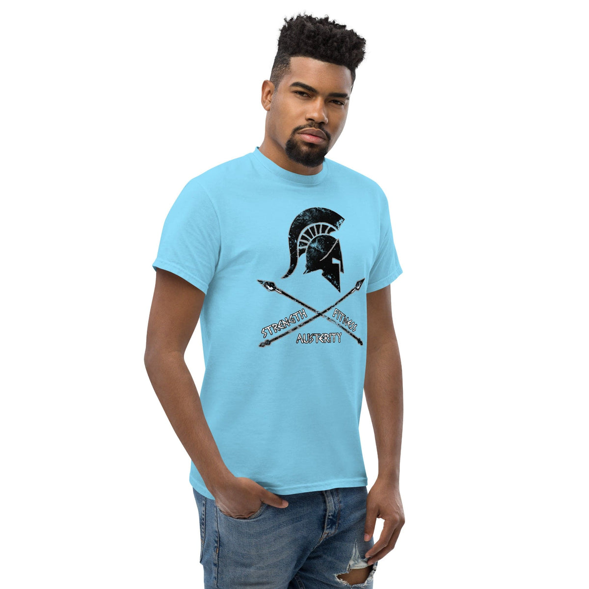 Sky blue T-shirt with warrior helmet graphic and crossed swords on the chest