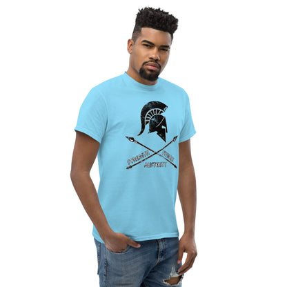 Sky blue T-shirt with warrior helmet graphic and crossed swords on the chest