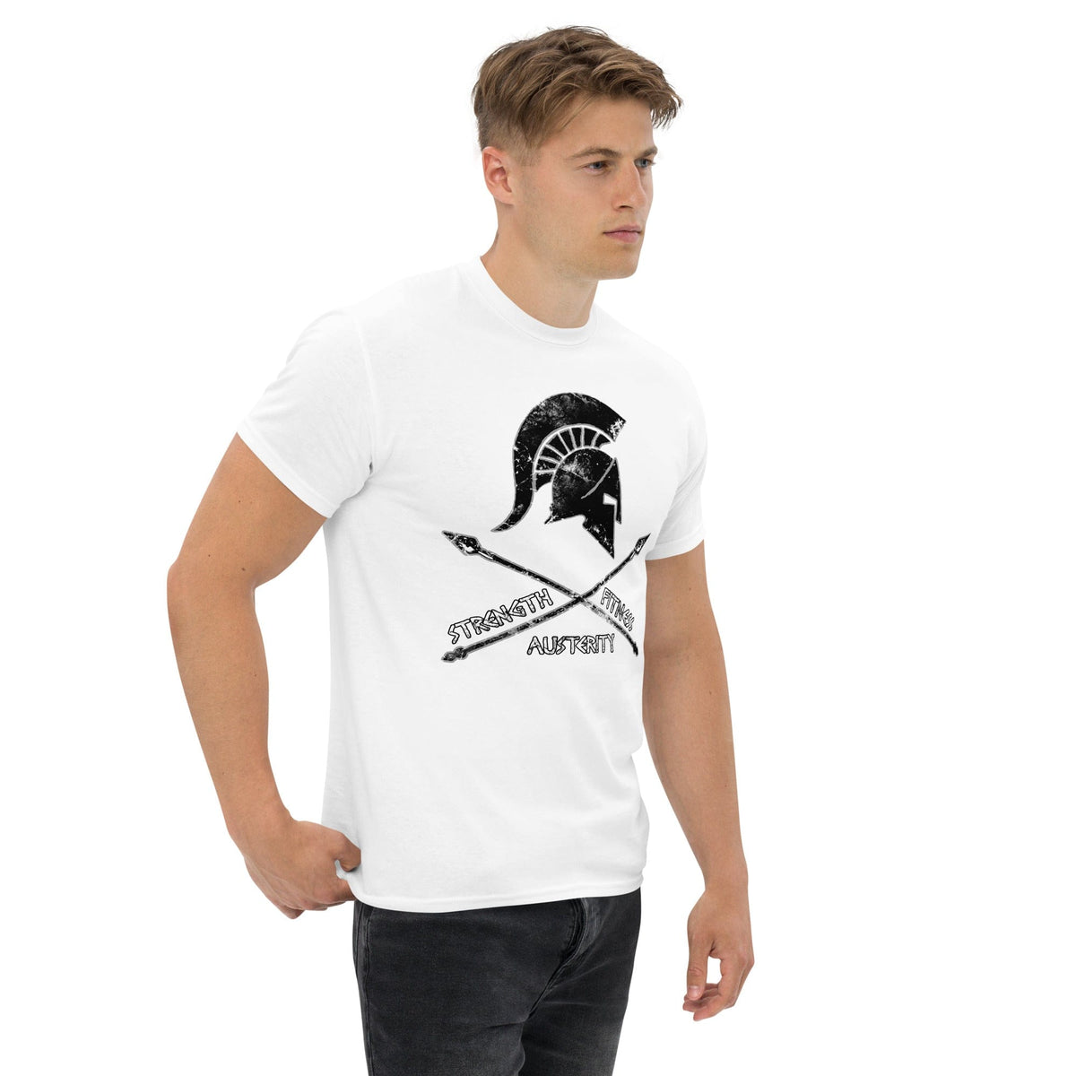White T-shirt with warrior helmet graphic and crossed swords on the chest