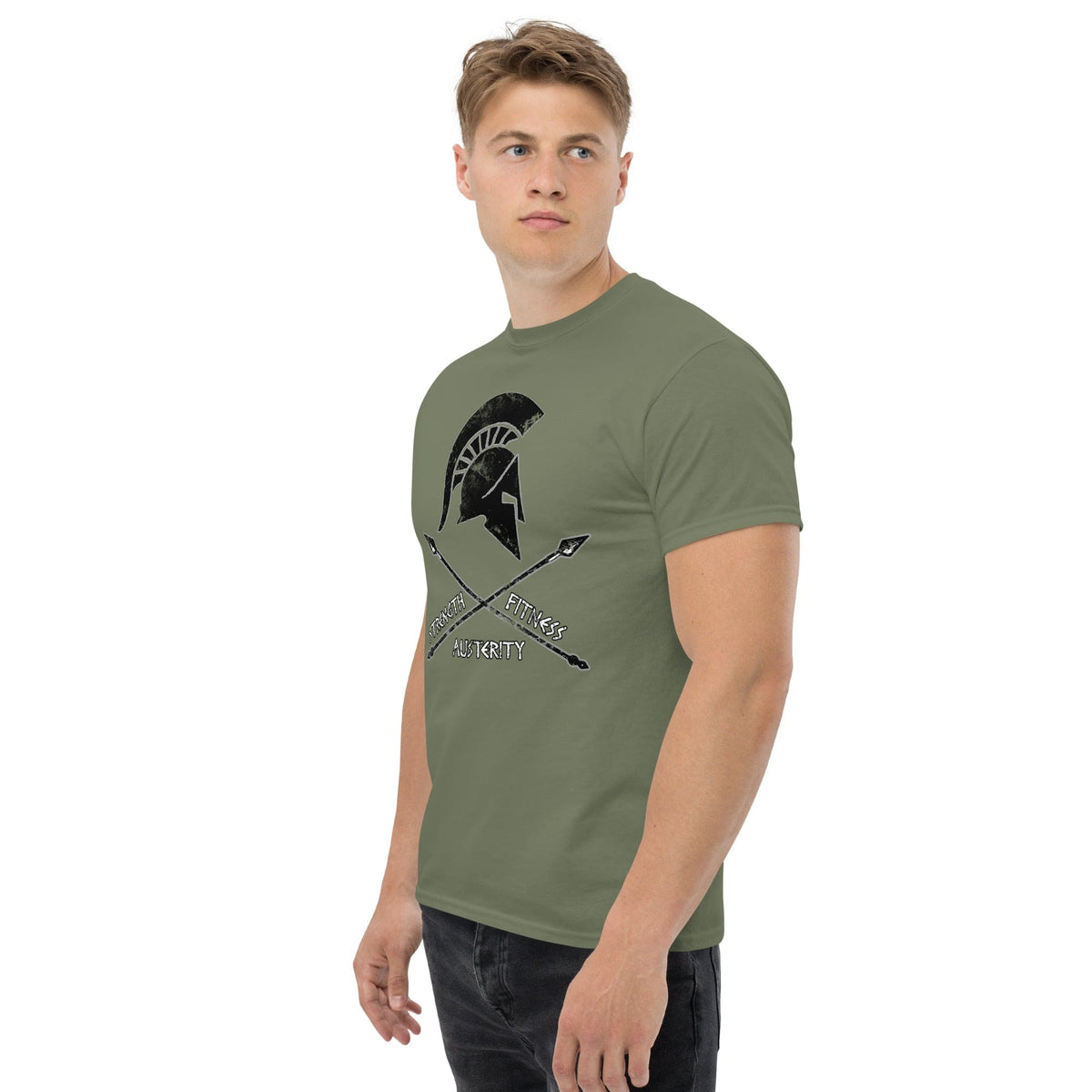 Olive green T-shirt with warrior helmet graphic and crossed swords on the chest