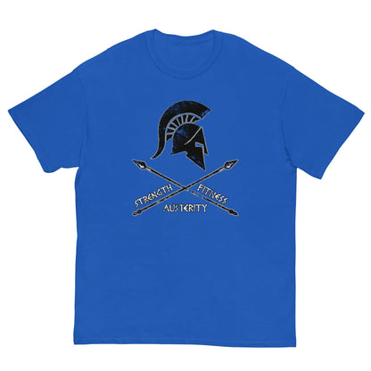 Royal blue T-shirt with Spartan helmet strength and fitness graphic on chest