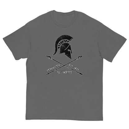 Charcoal gray T-shirt with Spartan helmet strength and fitness graphic on chest