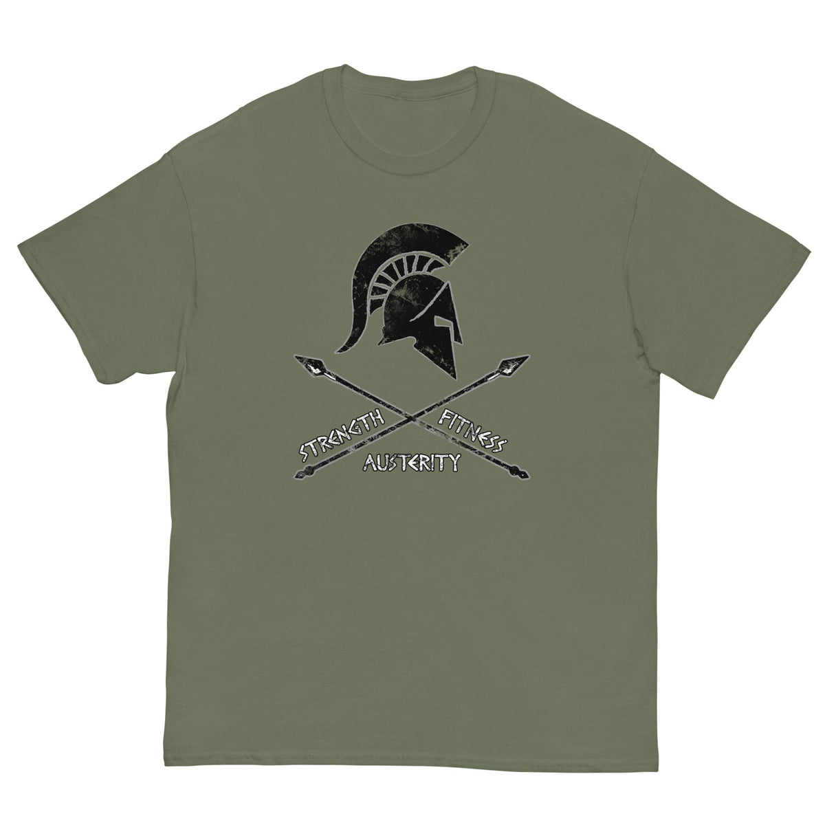 Military green T-shirt with Spartan helmet strength and fitness graphic on chest