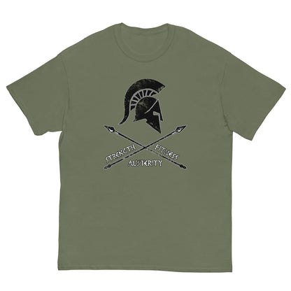 Military green T-shirt with Spartan helmet strength and fitness graphic on chest
