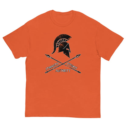 Orange T-shirt with Spartan helmet strength and fitness graphic on chest