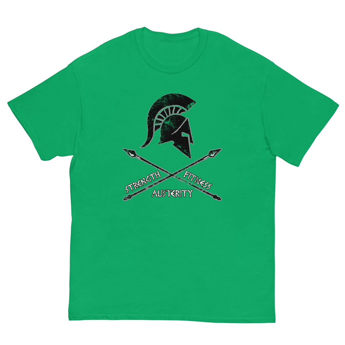 Irish green T-shirt with Spartan helmet strength and fitness graphic on chest