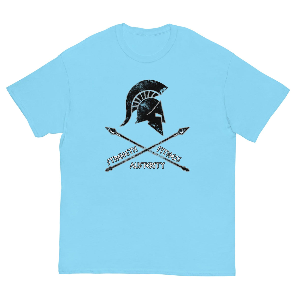 Sky blue T-shirt with Spartan helmet strength and fitness graphic on chest