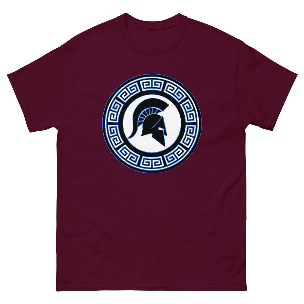 Burgundy Spartan warrior shield T-shirt, front view with circular emblem
