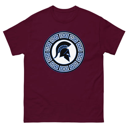 Burgundy Spartan warrior shield T-shirt, front view with circular emblem