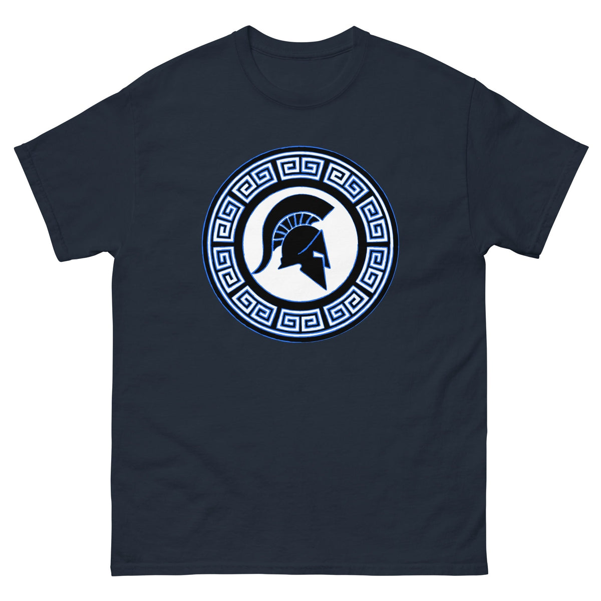 Navy Spartan warrior shield T-shirt with circular emblem