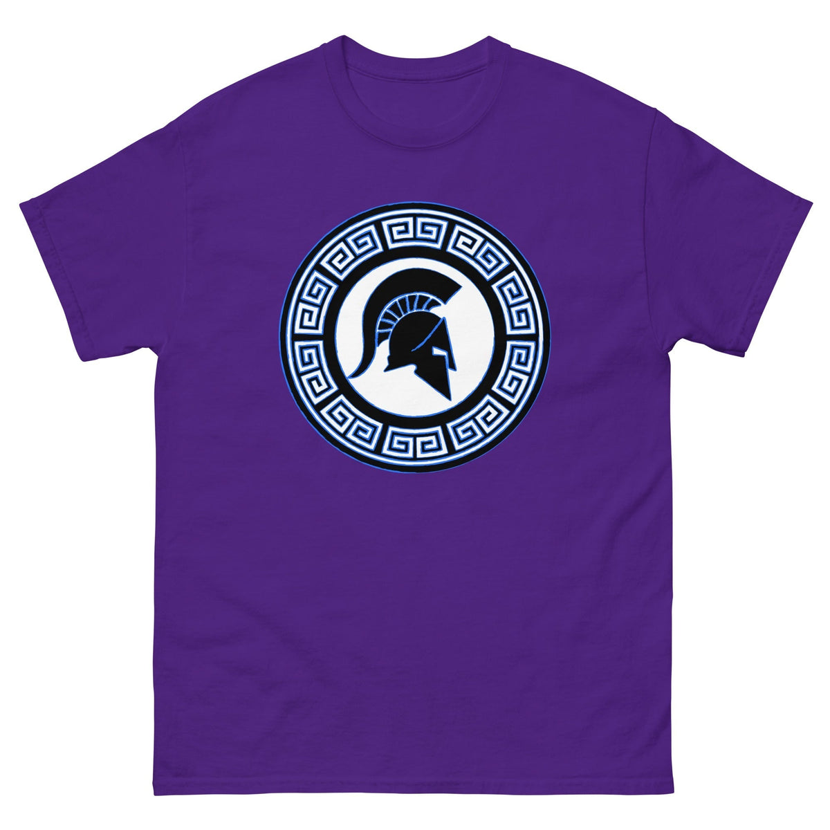 Purple Spartan warrior shield T-shirt with circular emblem