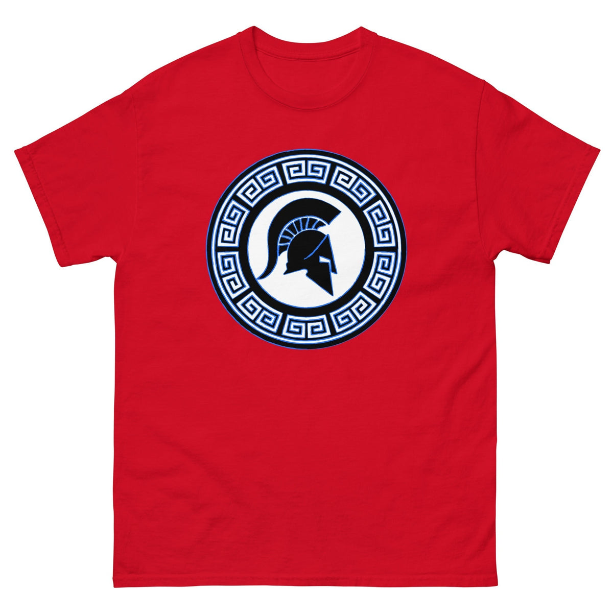 Red Spartan warrior shield T-shirt with circular emblem