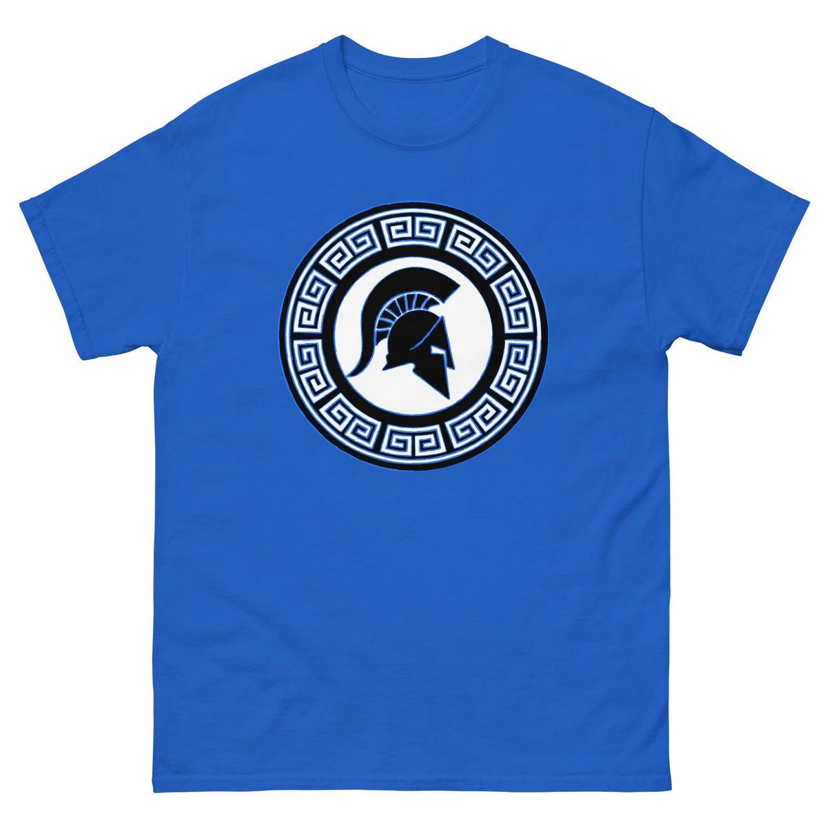 Royal blue Spartan warrior shield T-shirt with circular emblem