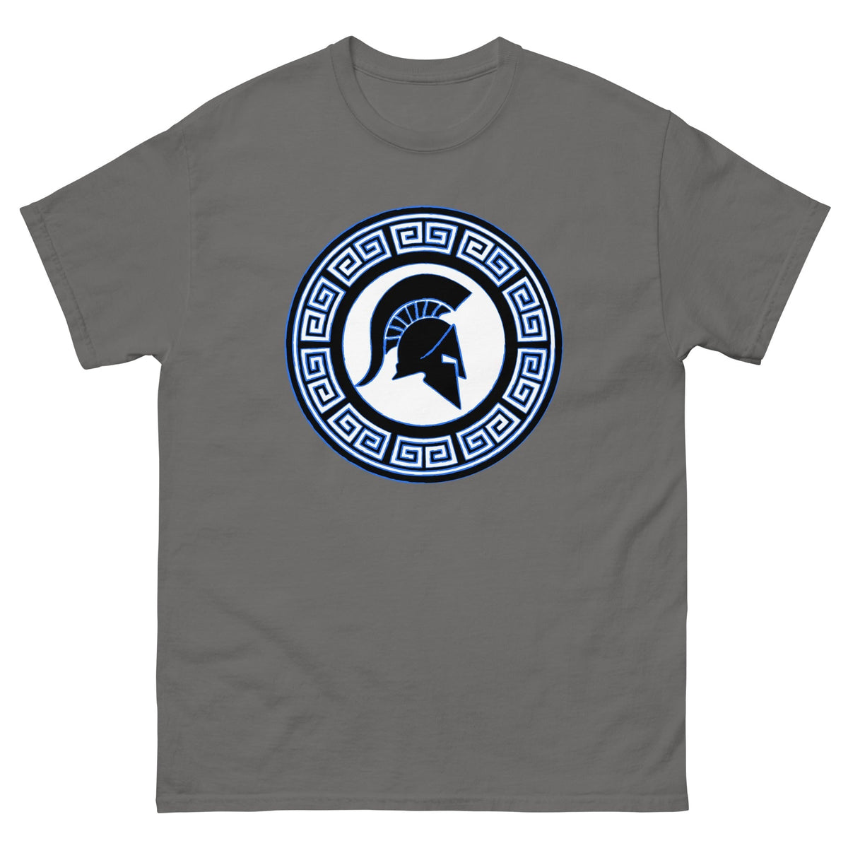 Charcoal Spartan warrior shield T-shirt with circular emblem
