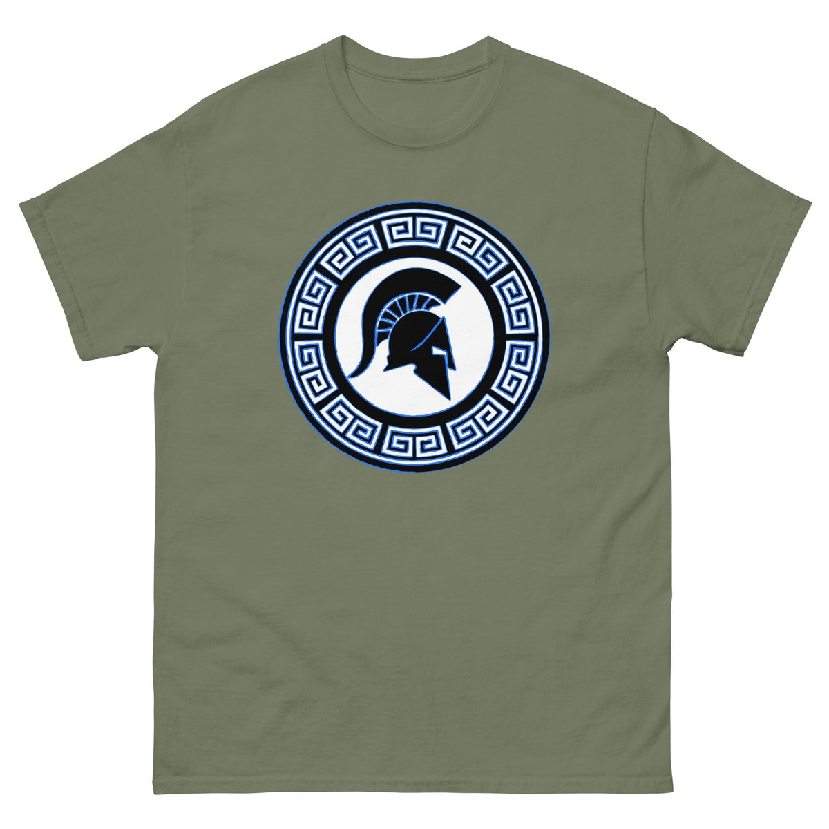 Military green Spartan warrior shield T-shirt with circular emblem