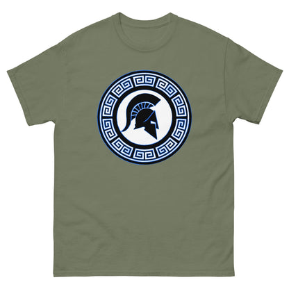Military green Spartan warrior shield T-shirt with circular emblem