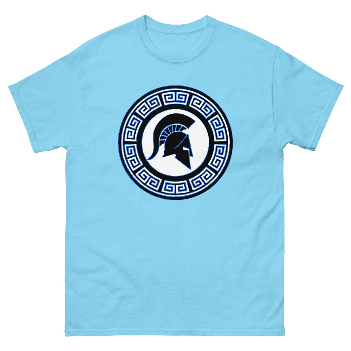 Sky blue Spartan warrior shield T-shirt with circular emblem