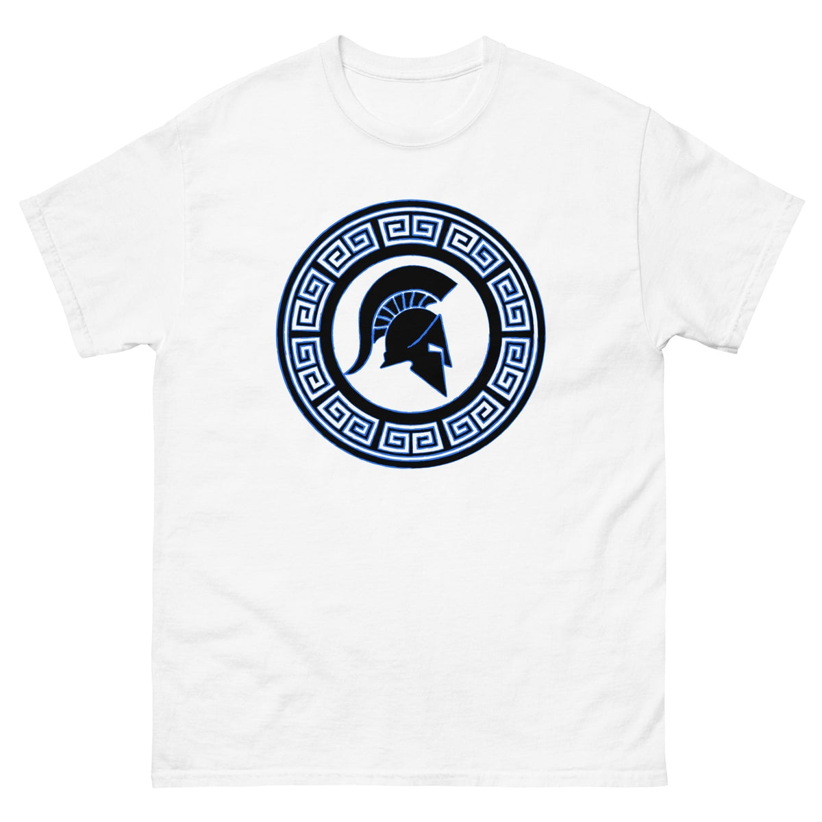 White Spartan warrior shield T-shirt with circular blue Greek key emblem graphic