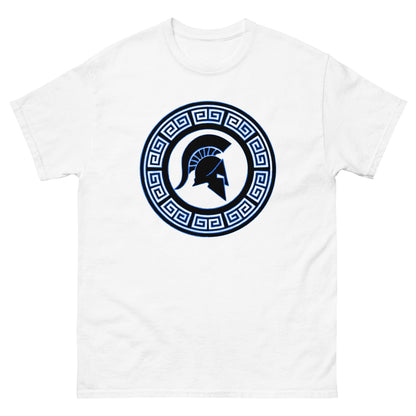 White Spartan warrior shield T-shirt with circular blue Greek key emblem graphic