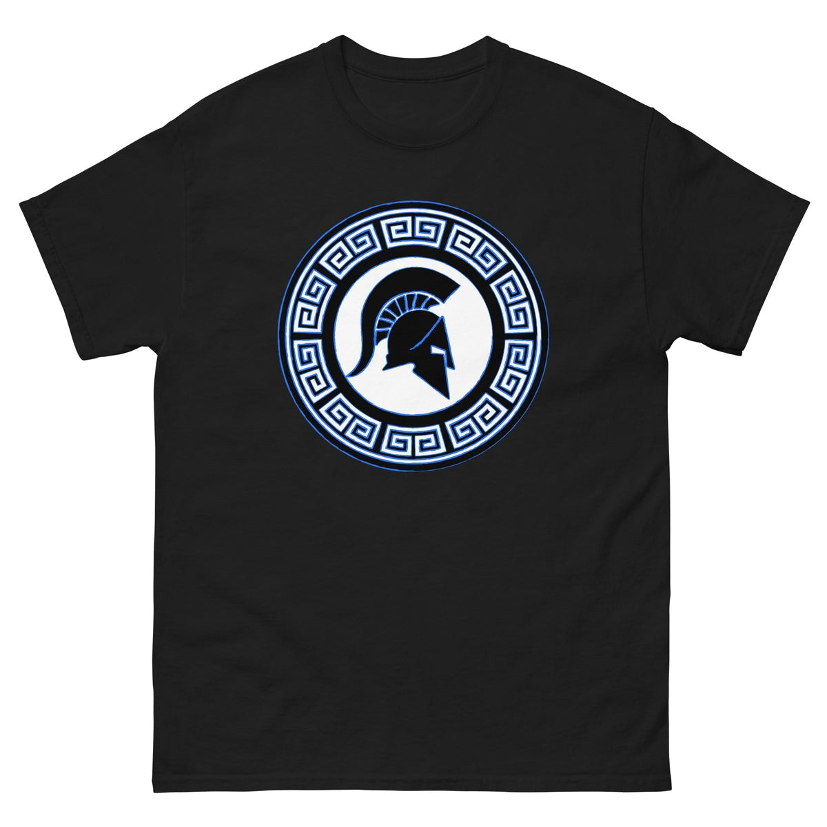 Black crew-neck T-shirt with blue circular Spartan shield emblem on chest