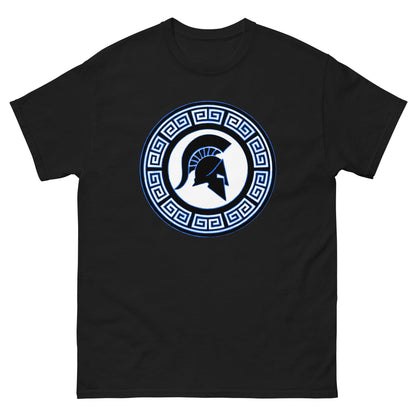 Black crew-neck T-shirt with blue circular Spartan shield emblem on chest