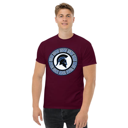 Burgundy Spartan warrior shield T-shirt with circular emblem