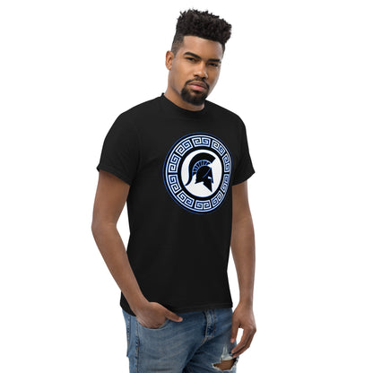 Black crew-neck T-shirt with blue circular Spartan shield emblem on chest
