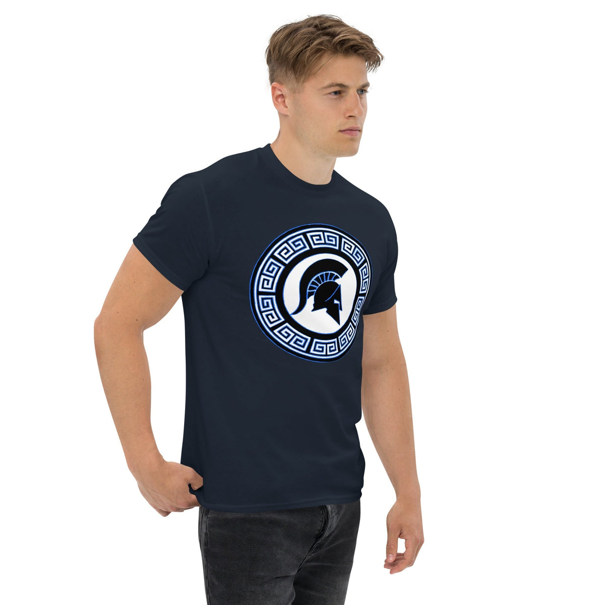 Navy crew-neck T-shirt with blue circular Spartan shield emblem on chest