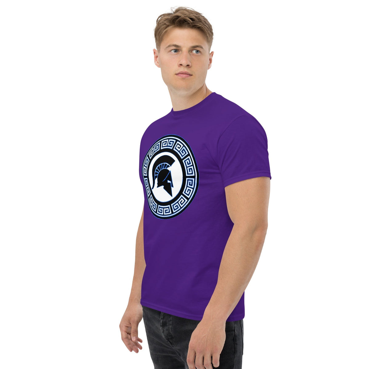 Purple crew-neck T-shirt with blue circular Spartan shield emblem on chest