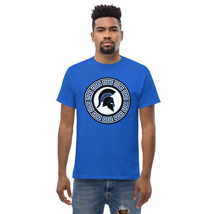 Royal blue crew-neck T-shirt with blue circular Spartan shield emblem on chest