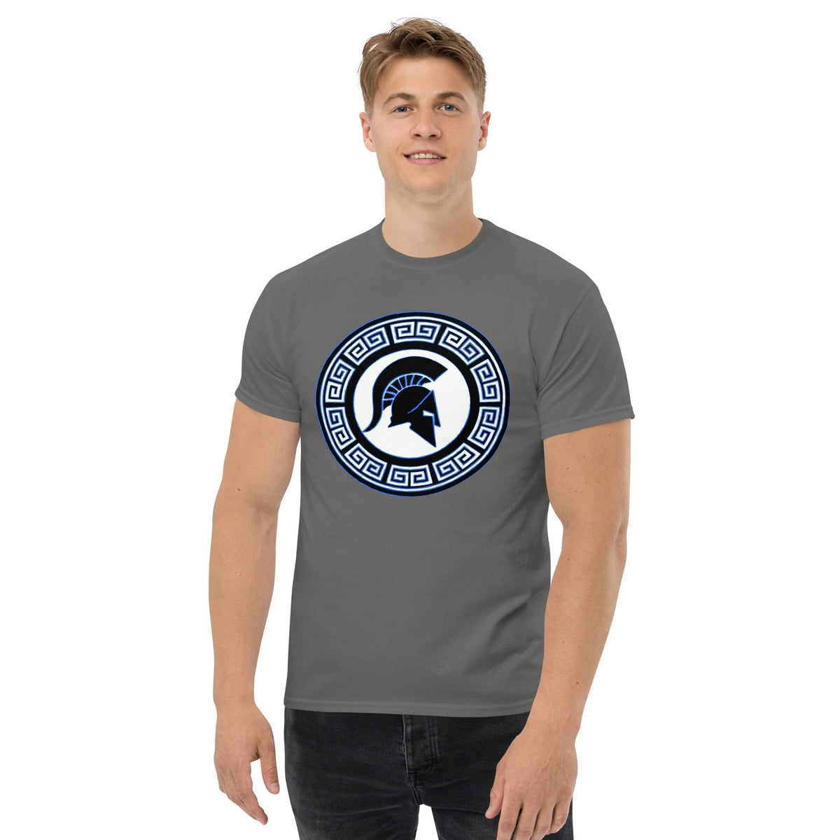 Charcoal gray crew-neck T-shirt with blue circular Spartan shield emblem on chest