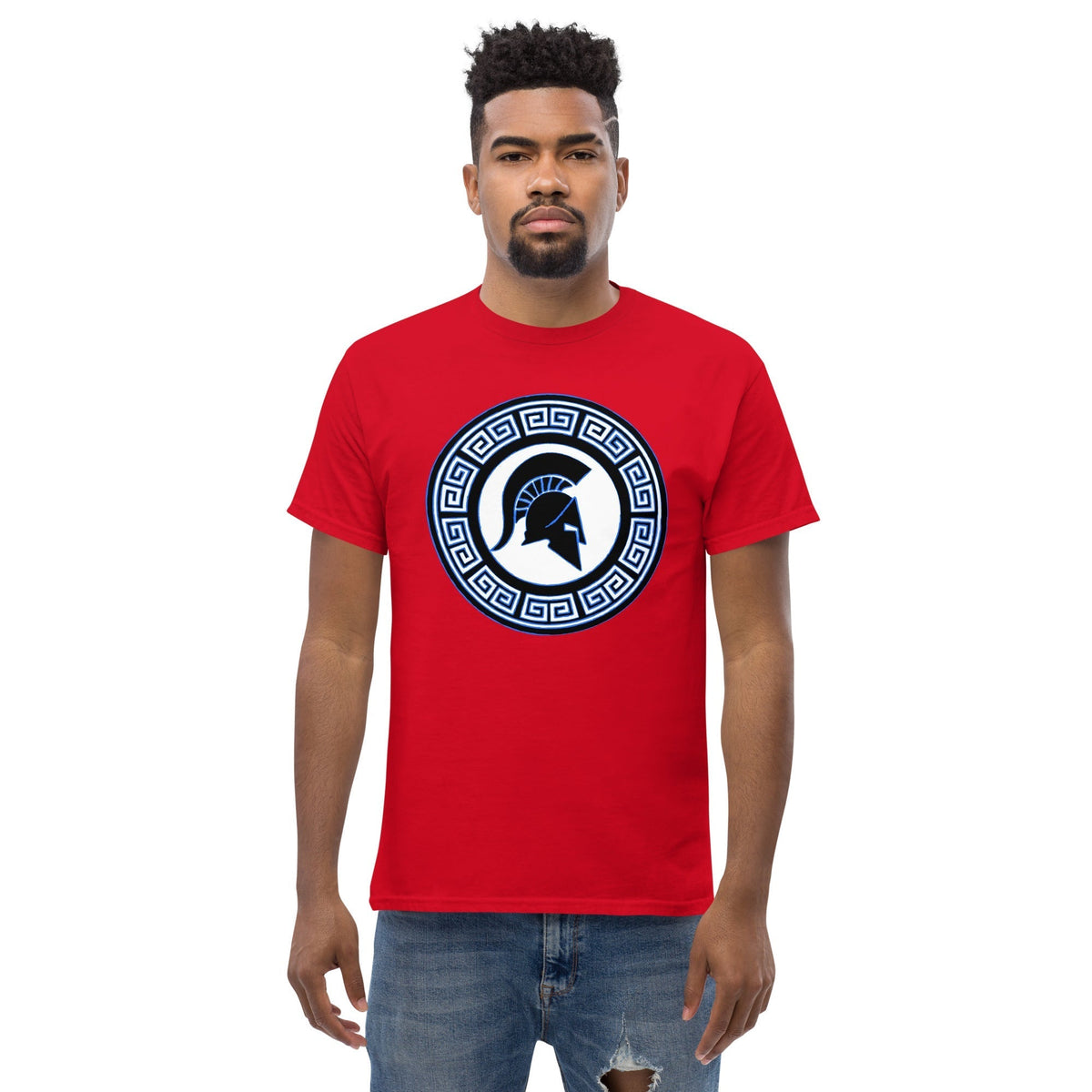 Red crew-neck T-shirt with blue circular Spartan shield emblem on chest