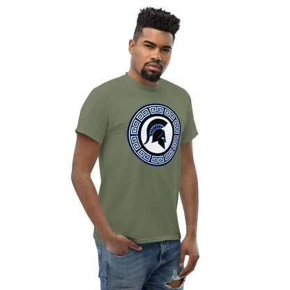 Military green crew-neck T-shirt with blue circular Spartan shield emblem on chest