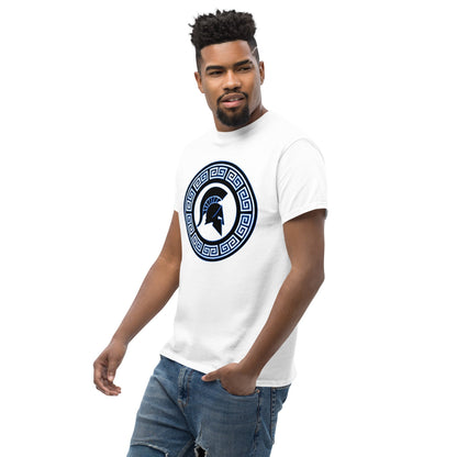 White crew-neck T-shirt with blue circular Spartan shield emblem on chest