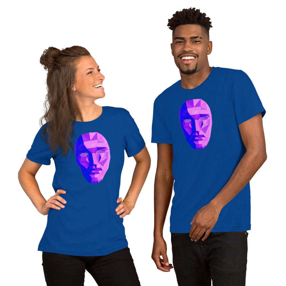 Blue T-shirt with purple-blue polygon mask graphic on chest