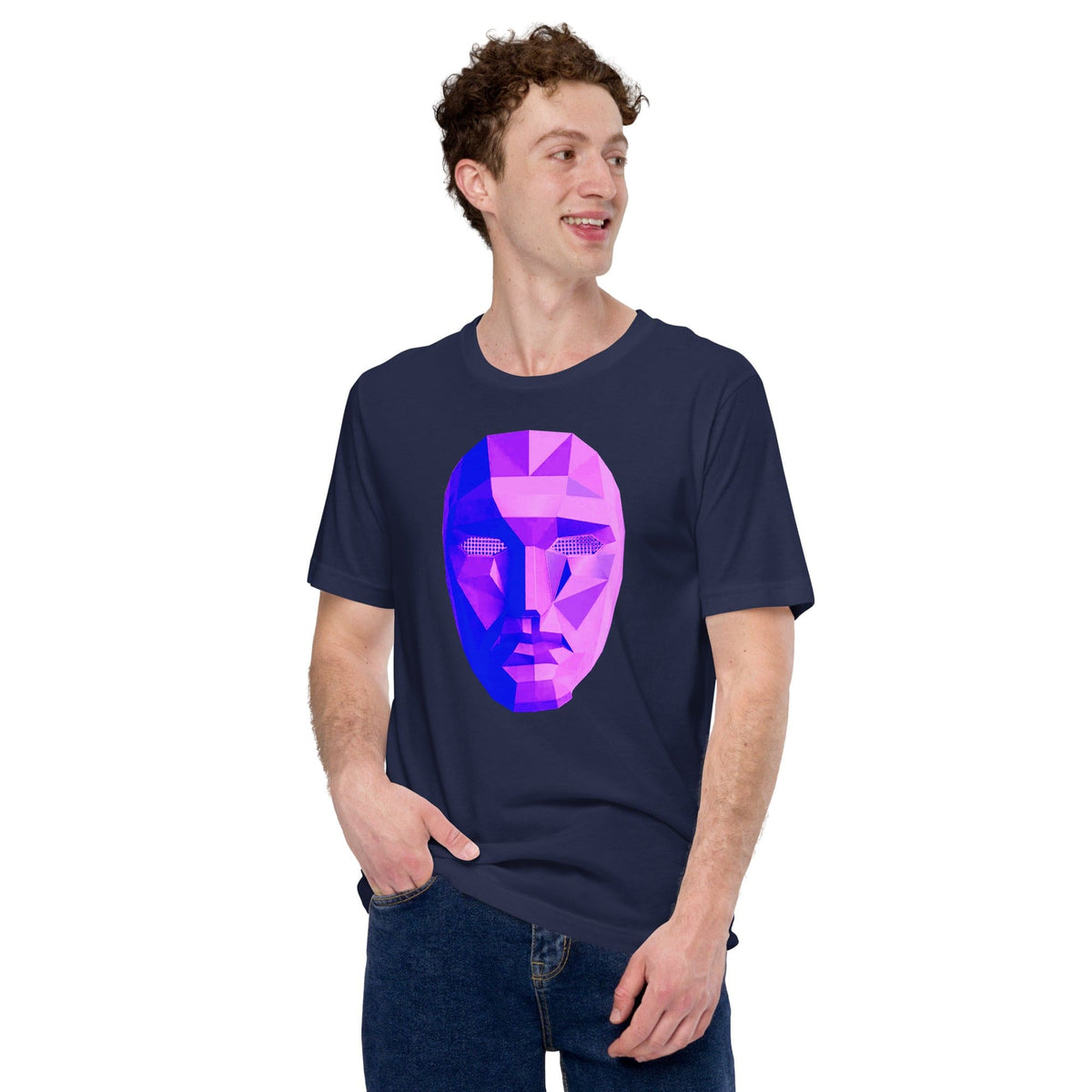 Navy T-shirt with purple-blue polygon mask graphic on chest