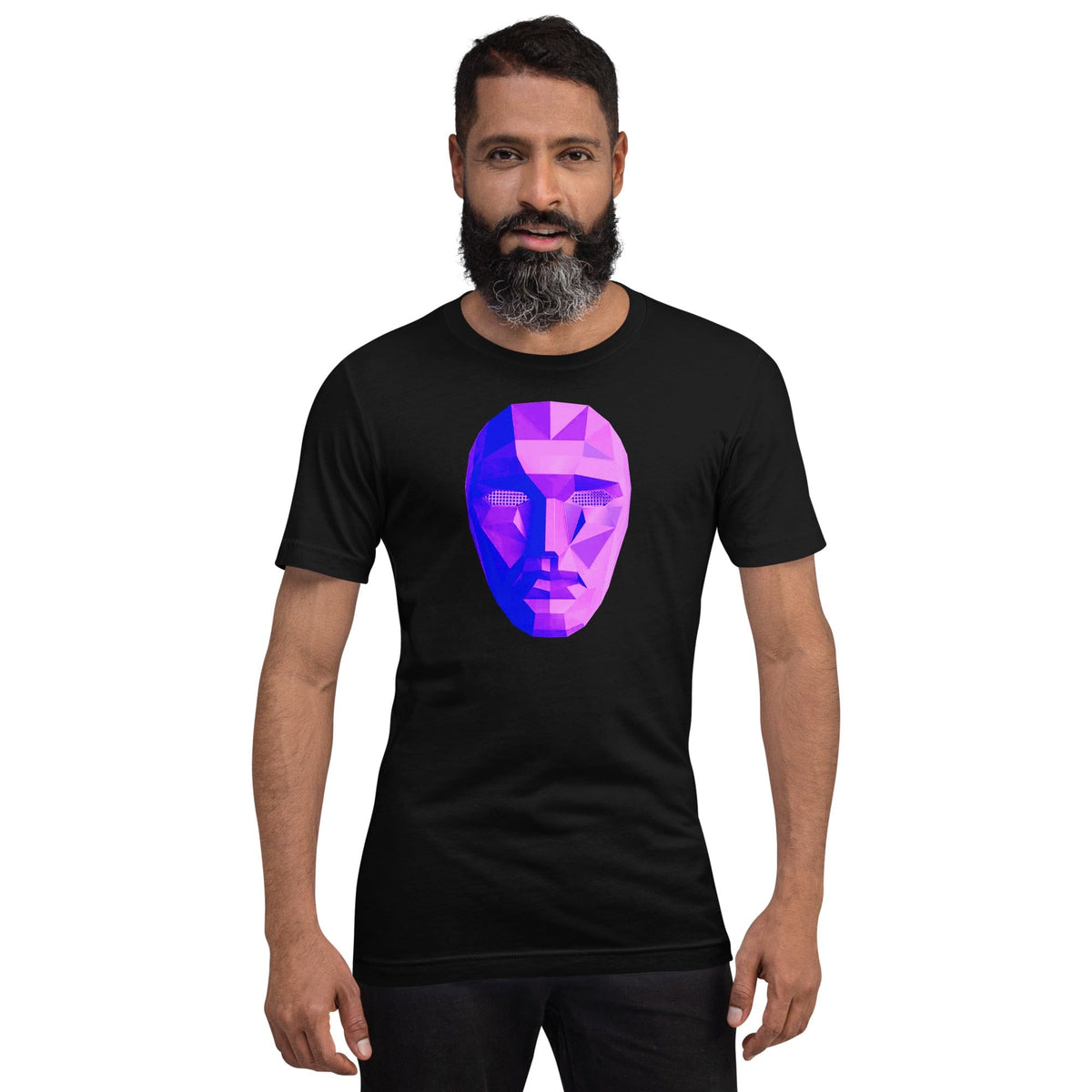 Black T-shirt with purple-blue polygon mask graphic on chest