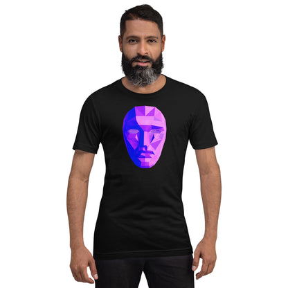 Black T-shirt with purple-blue polygon mask graphic on chest