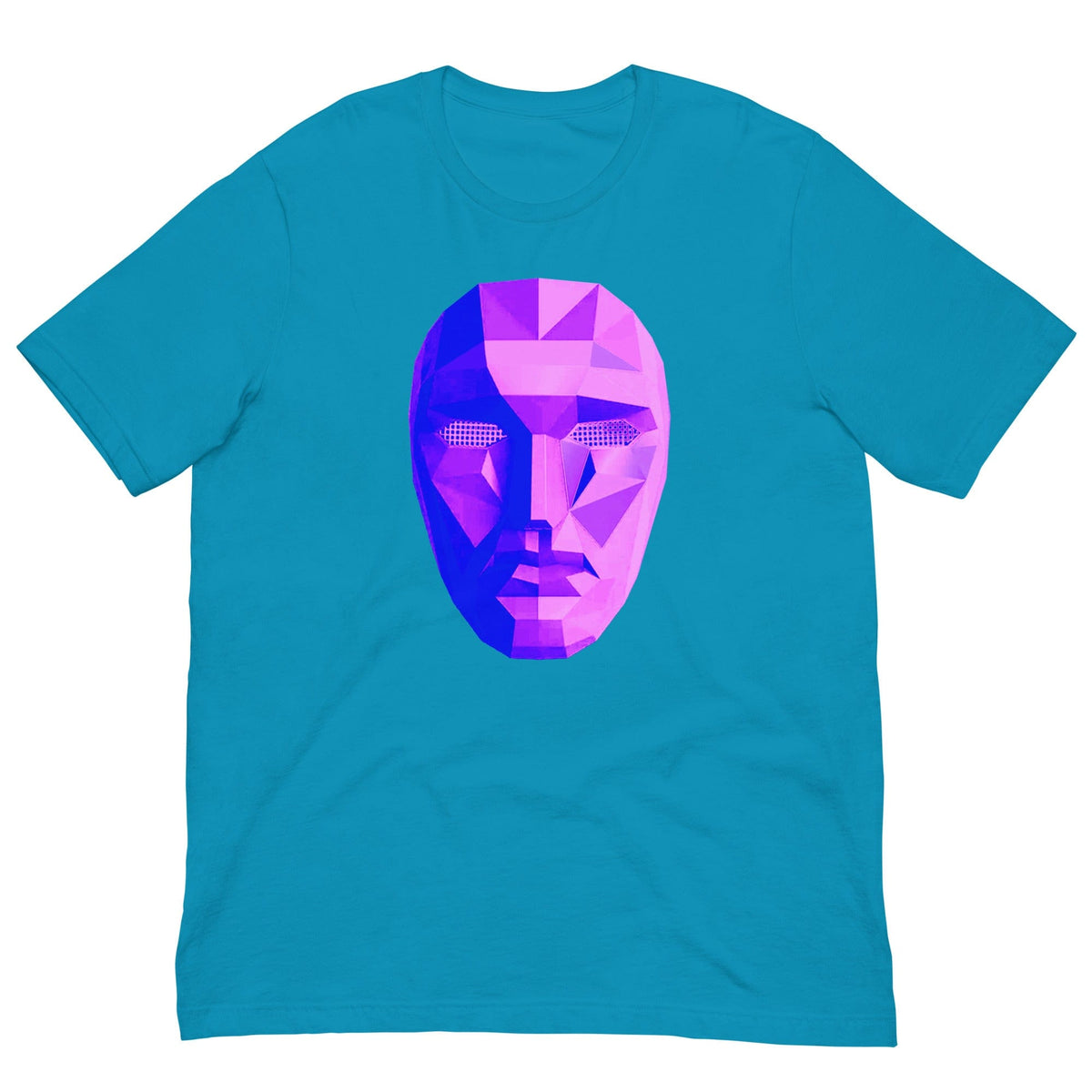 Teal T-shirt with colorful polygon mask graphic on the chest