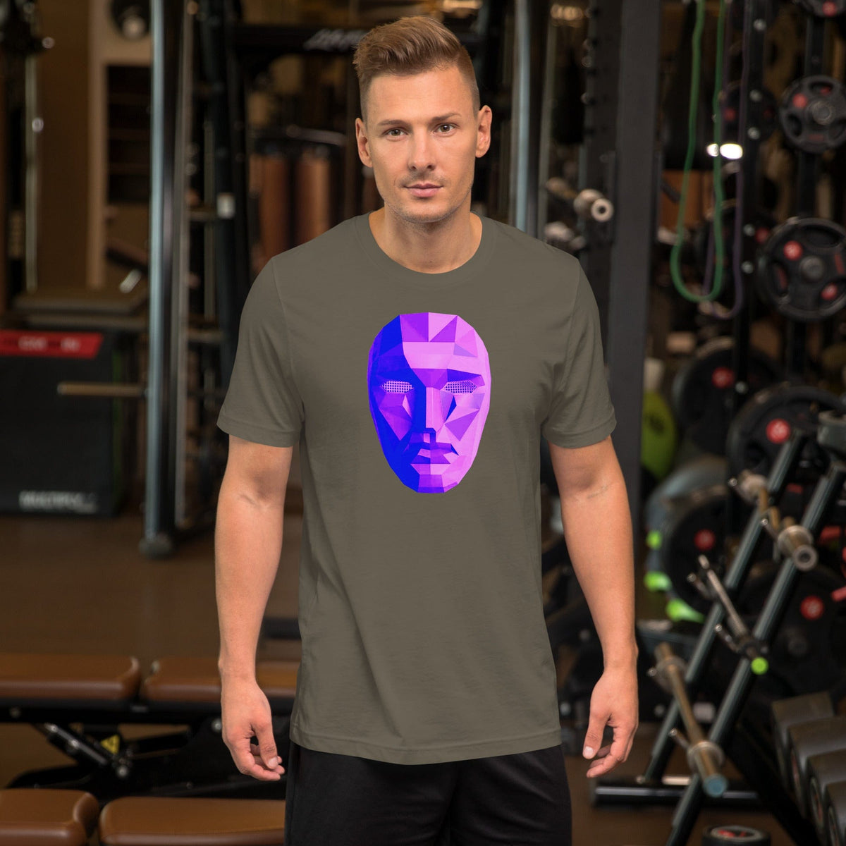Olive T-shirt with purple-blue polygon mask graphic on chest