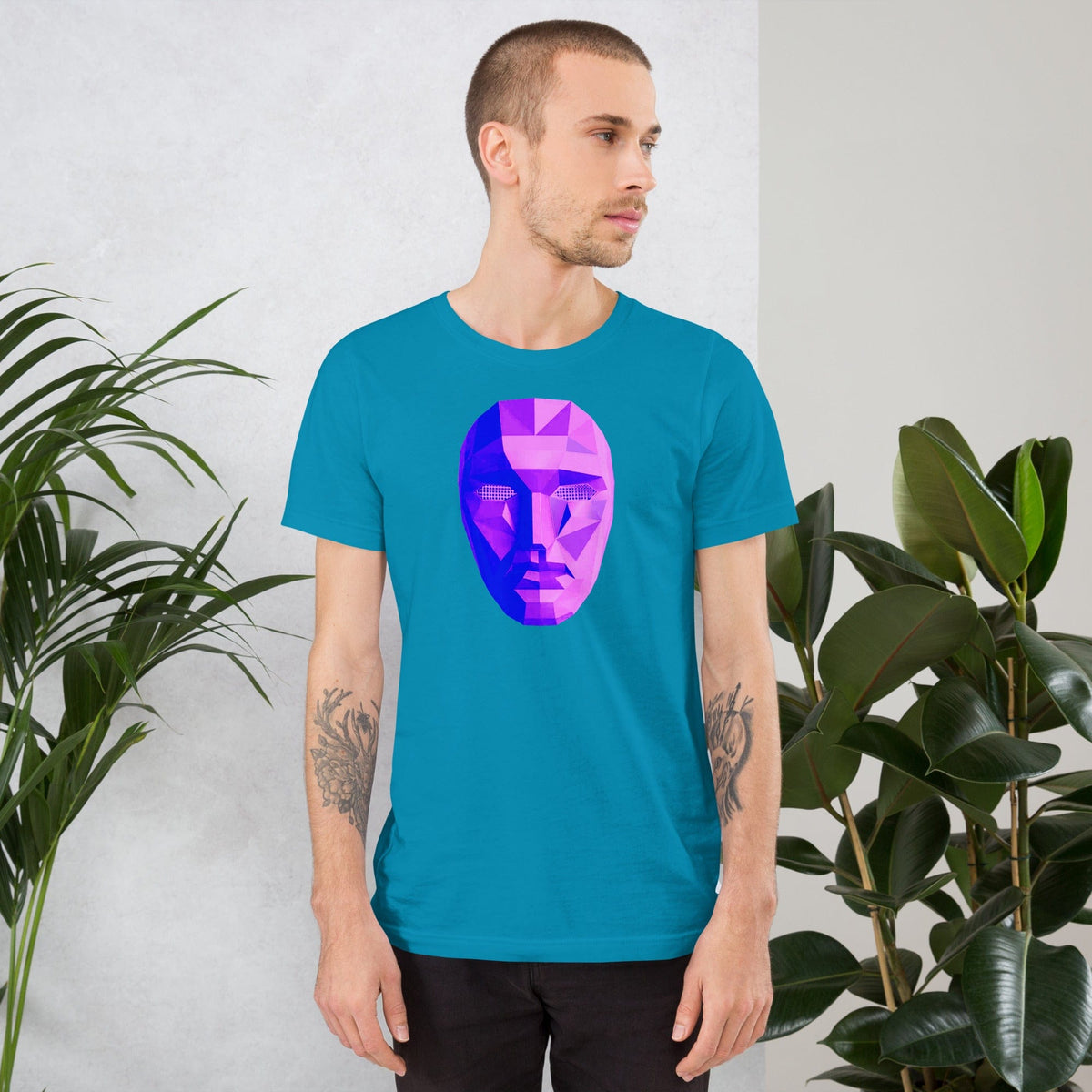 Teal T-shirt with purple-blue polygon mask graphic on chest