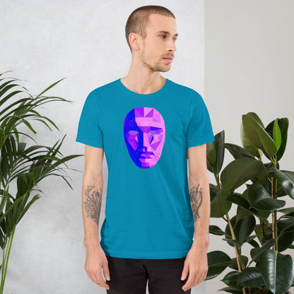 Teal T-shirt with purple-blue polygon mask graphic on chest