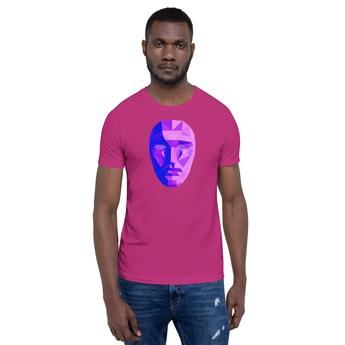 Pink T-shirt with purple-blue polygon mask graphic on chest