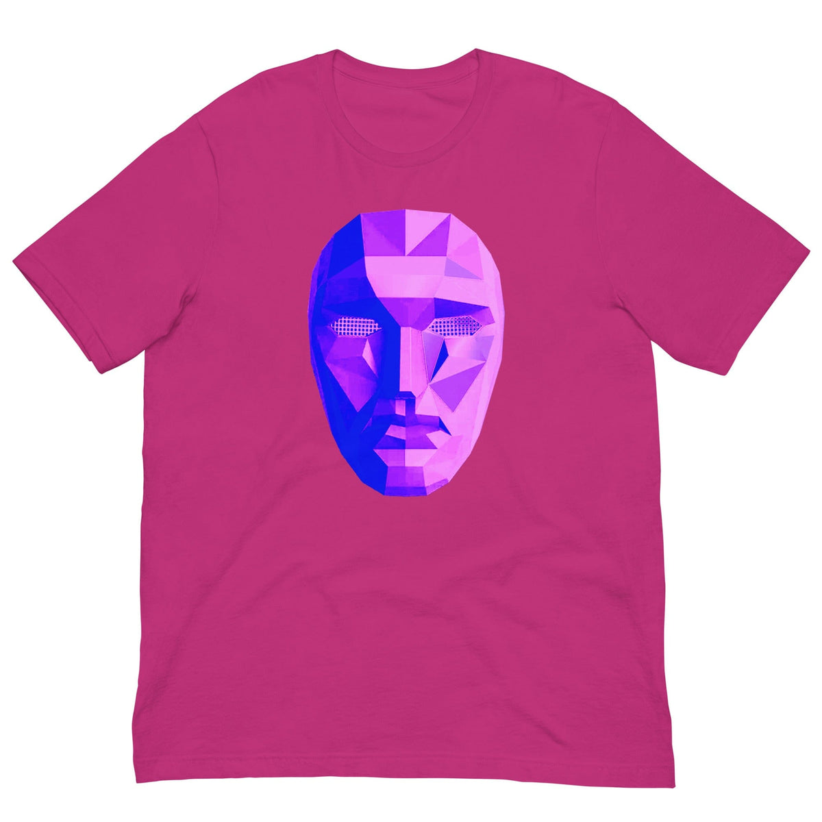 Pink T-shirt with colorful polygon mask graphic on the chest