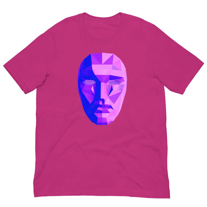 Pink T-shirt with colorful polygon mask graphic on the chest