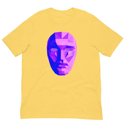 Yellow T-shirt with colorful polygon mask graphic on the chest