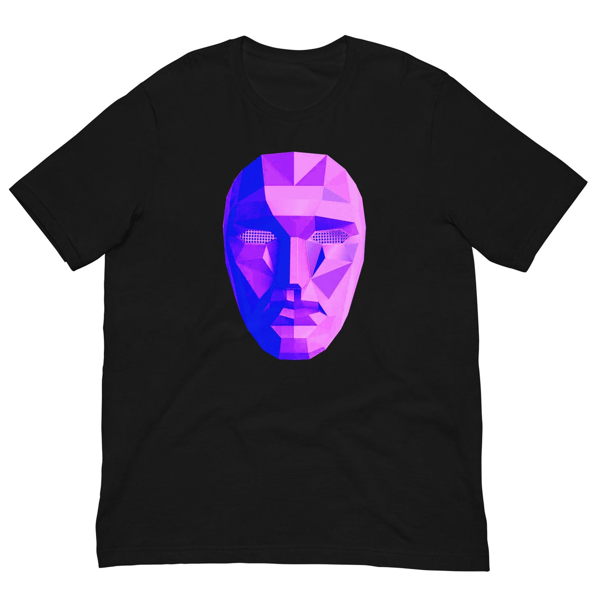 Black T-shirt with purple-blue polygon mask graphic on chest